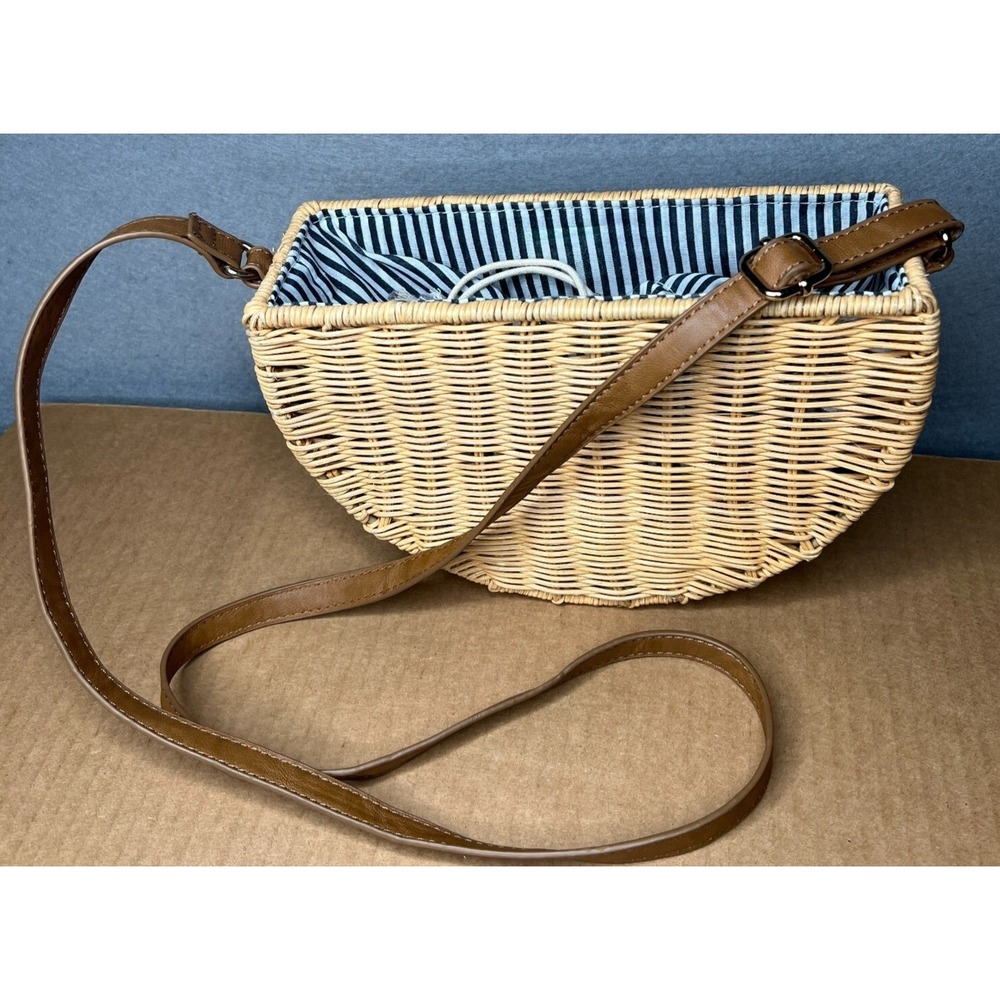 Straw Studios Crossbody Bag Womens Tan Wicker Half Moon Boho Summer Beach Bag